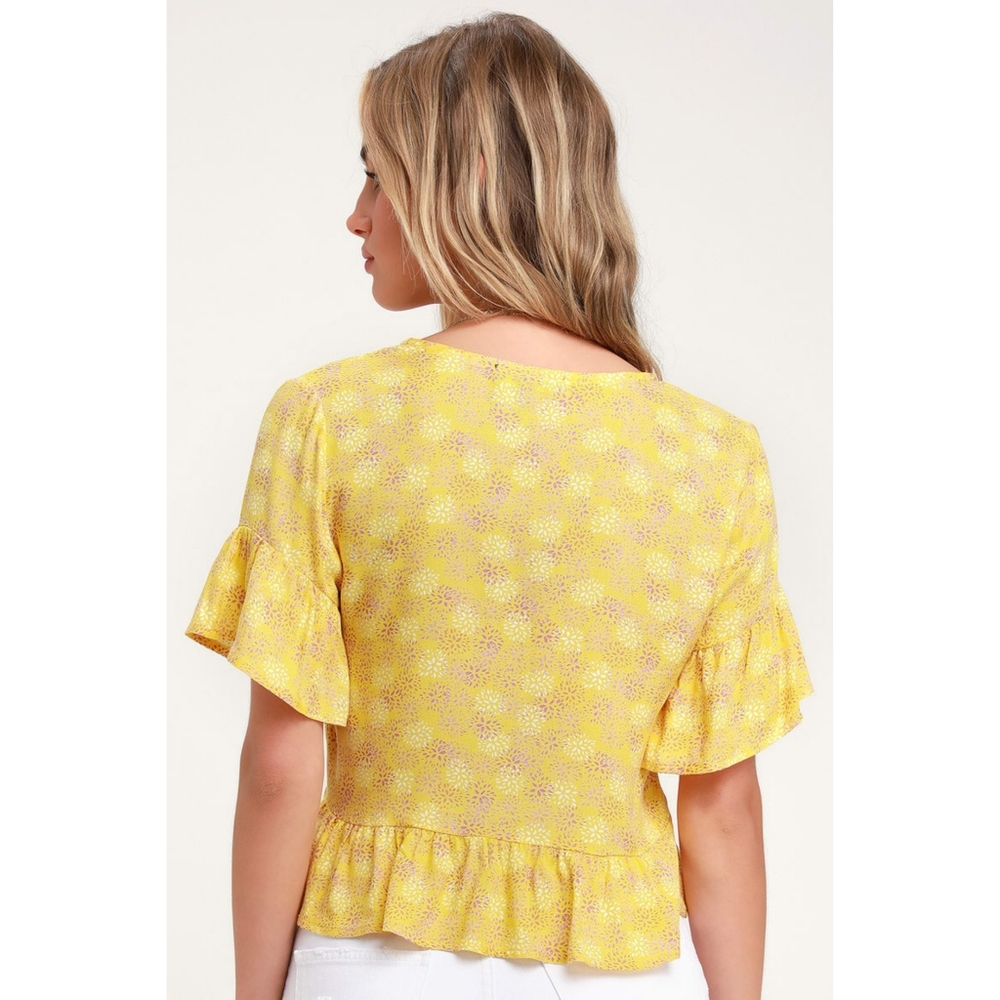 Lulus Breah Floral Print Tie Front Top Yellow Small - Picture 2 of 8
